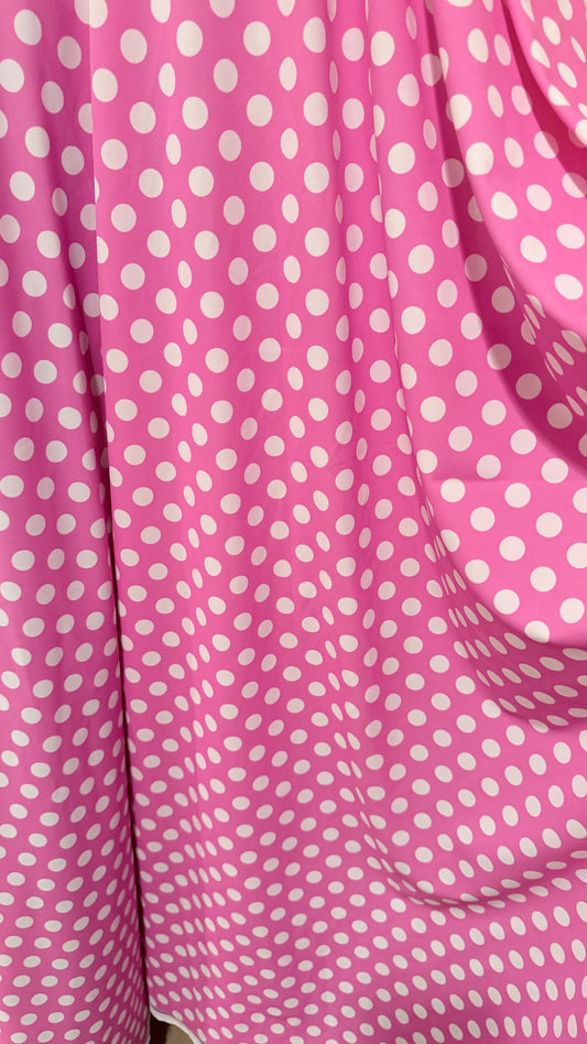 Polka dots design Flamingo/White print on nylon spandex 4way stretch  58/60" sold by the Yd. Ships worldwide from Los Angeles California USA