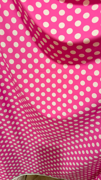 Polka dots design Flamingo/White print on nylon spandex 4way stretch  58/60" sold by the Yd. Ships worldwide from Los Angeles California USA