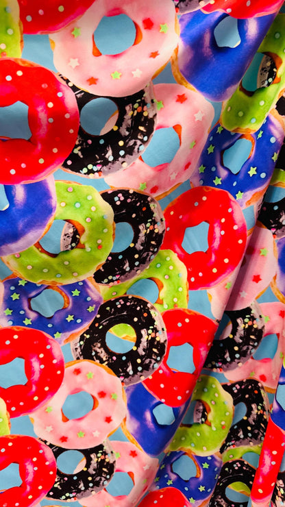 Donuts Print Nylon Spandex Fabric, Multicolor 4-Way Stretch