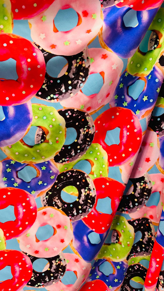 Donuts Print Nylon Spandex Fabric, Multicolor 4-Way Stretch