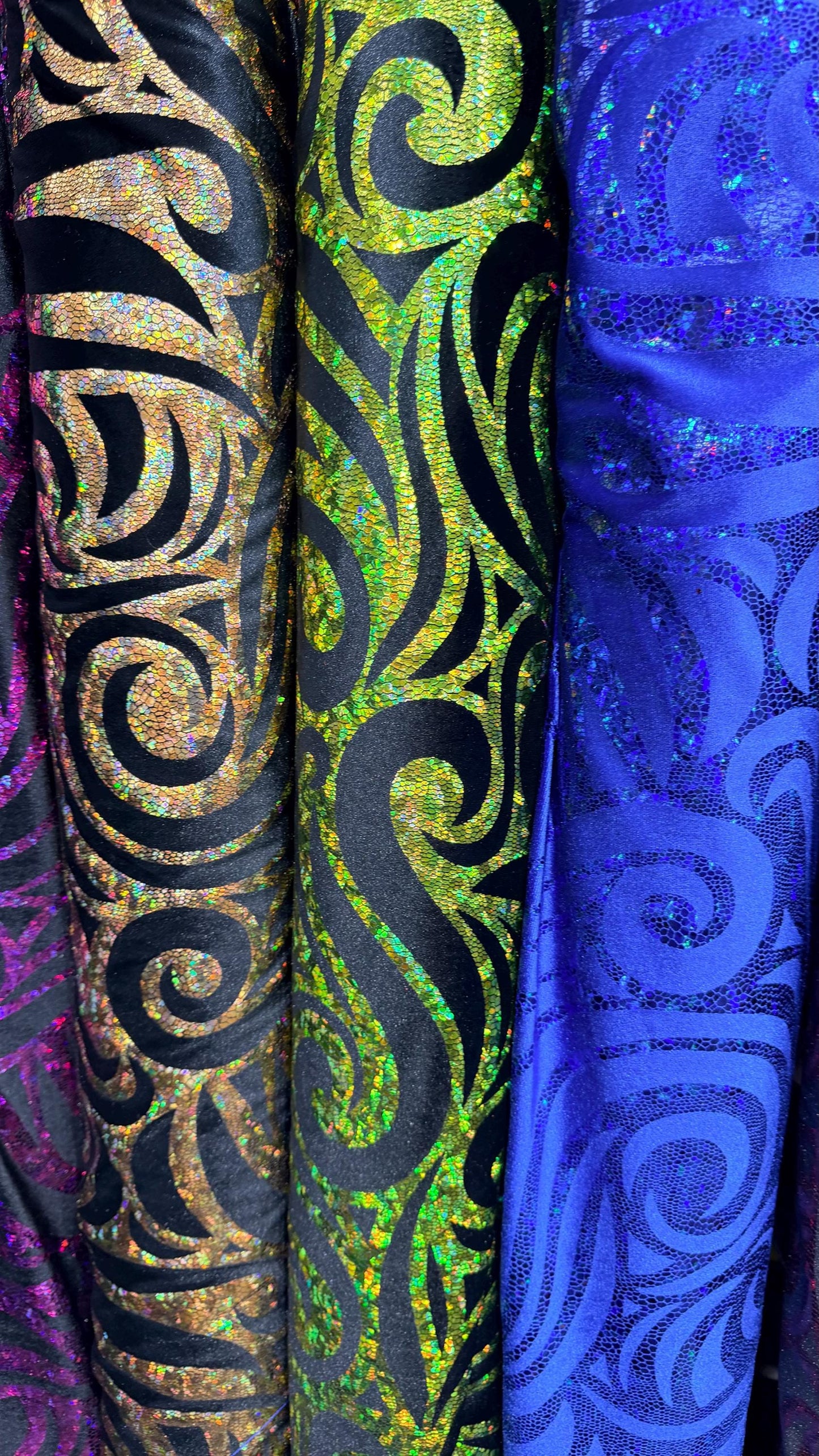 Rolex design swirl hologram metallic foil on great quality of stretch velvet 4-way stretch 58/60” High quality fabrics by AlexLAFabrics