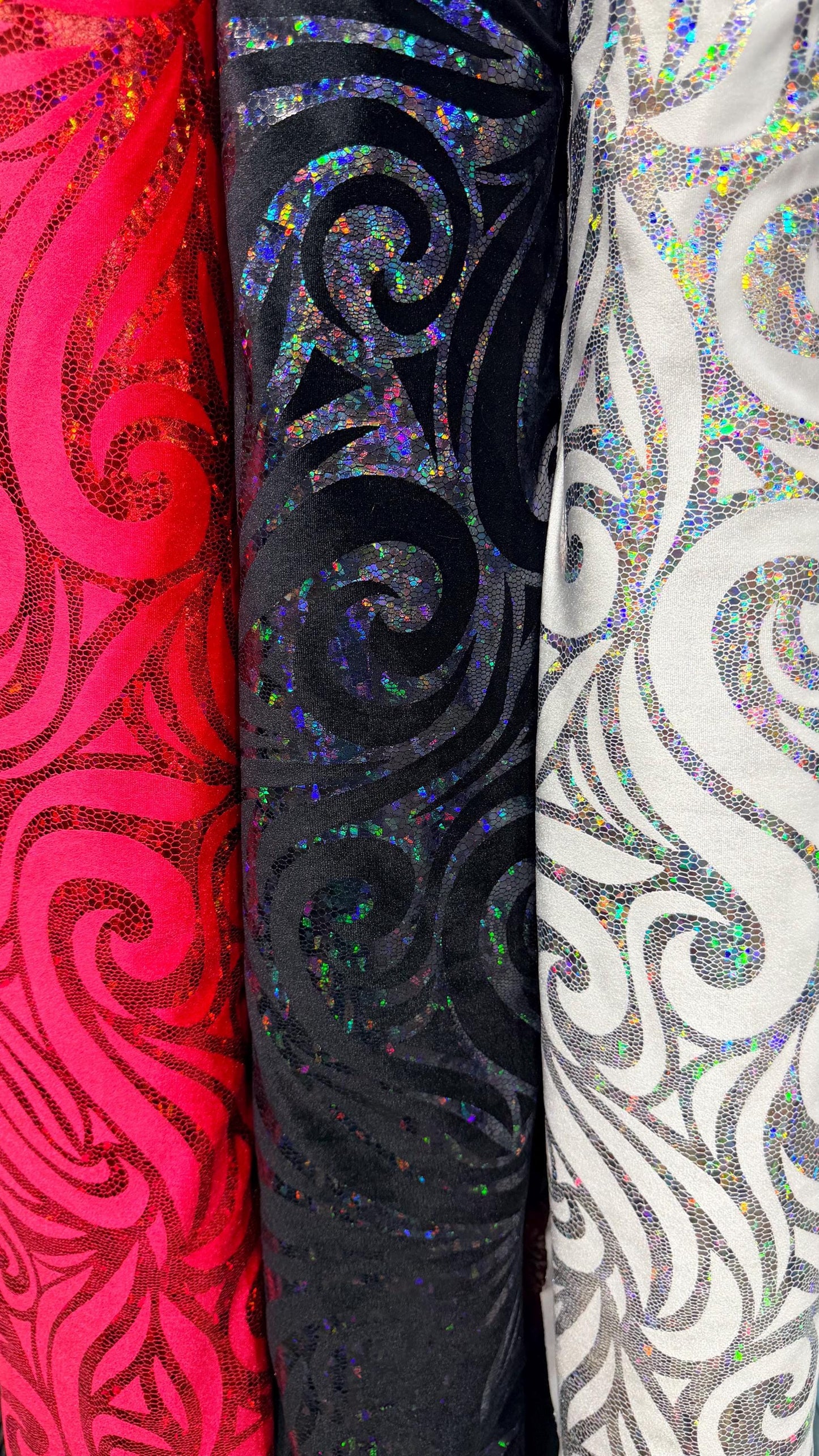 Rolex design swirl hologram metallic foil on great quality of stretch velvet 4-way stretch 58/60” High quality fabrics by AlexLAFabrics