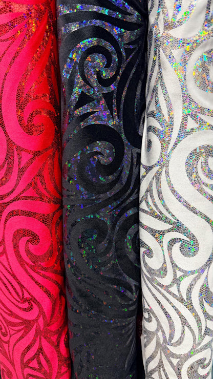 Rolex design swirl hologram metallic foil on great quality of stretch velvet 4-way stretch 58/60” High quality fabrics by AlexLAFabrics