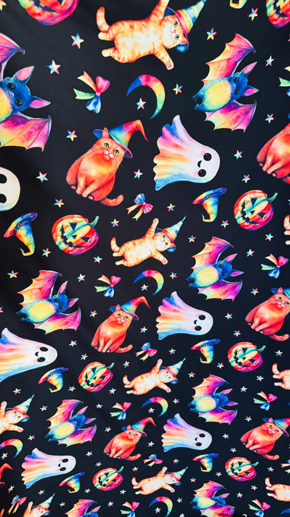 Halloween Multi designs Black/Rainbow print on Poly Spandex 4-way stretch 58/60” Sold by the YD. Ships Worldwide from Los Angele California