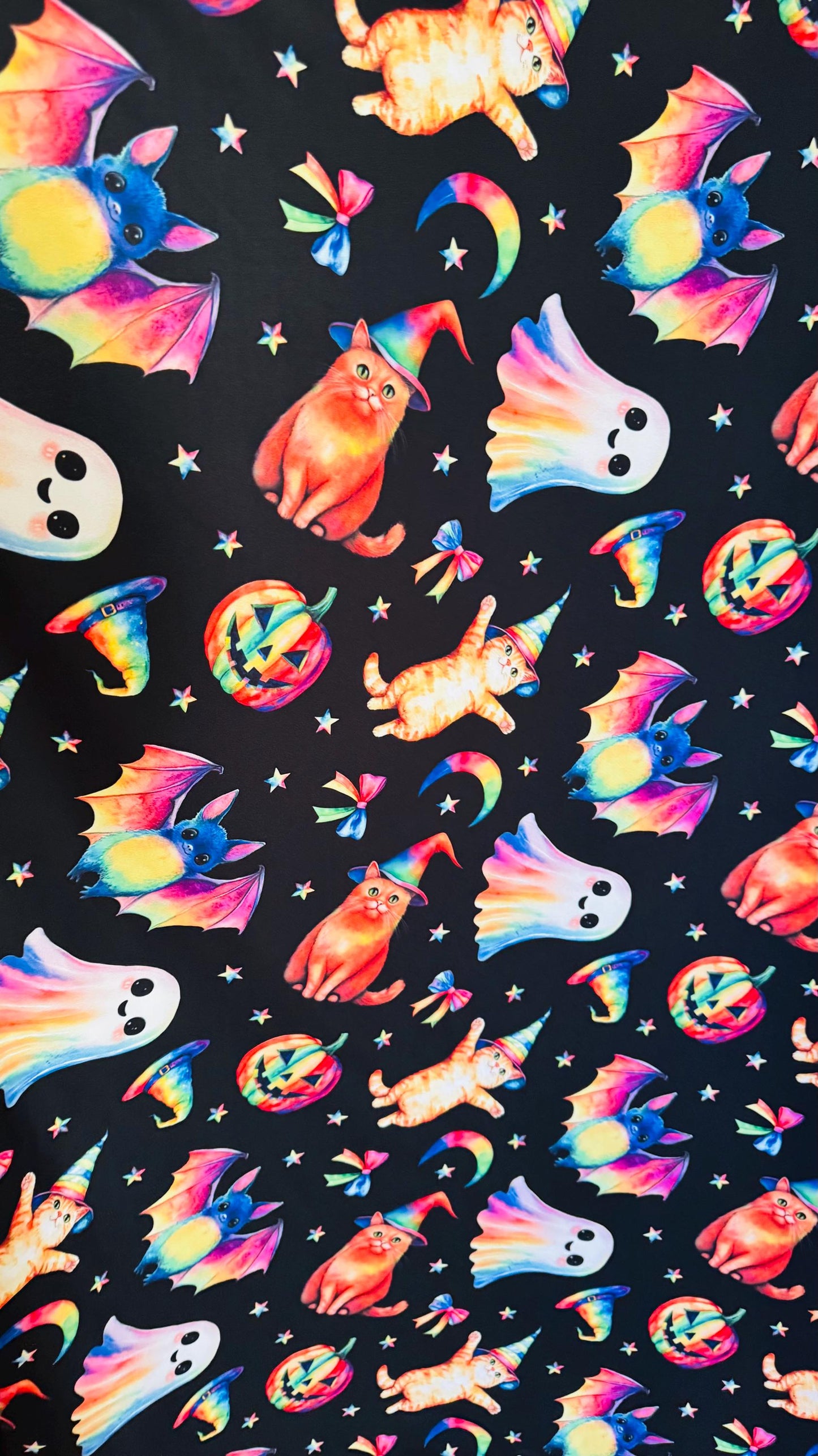 Halloween Multi designs Black/Rainbow print on Poly Spandex 4-way stretch 58/60” Sold by the YD. Ships Worldwide from Los Angele California