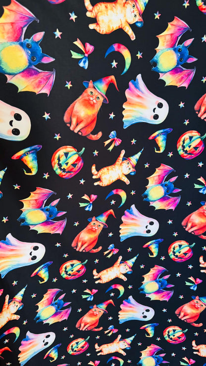 Halloween Multi designs Black/Rainbow print on Poly Spandex 4-way stretch 58/60” Sold by the YD. Ships Worldwide from Los Angele California