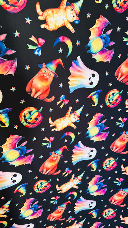 Halloween Multi designs Black/Rainbow print on Poly Spandex 4-way stretch 58/60” Sold by the YD. Ships Worldwide from Los Angele California