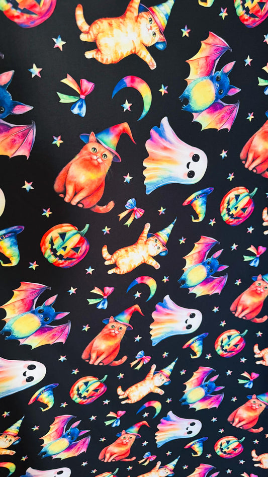 Halloween Multi designs Black/Rainbow print on Poly Spandex 4-way stretch 58/60” Sold by the YD. Ships Worldwide from Los Angele California
