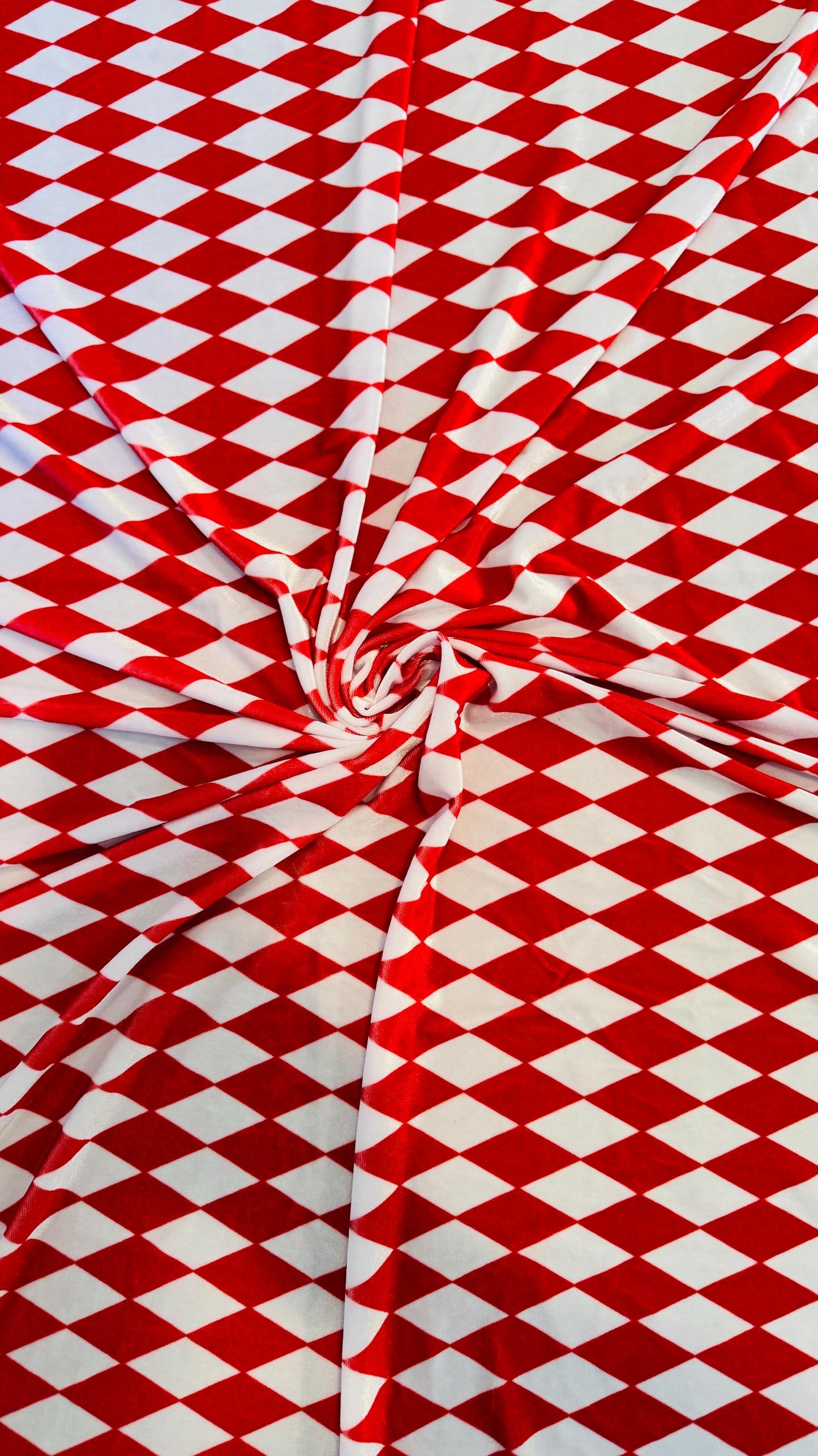 Diamond Harlequin design Red/White print on great quality of stretch velvet 4-way stretch 58/60”