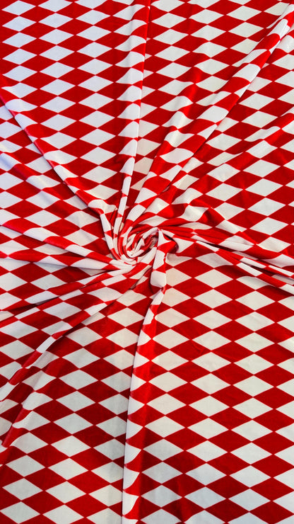 Diamond Harlequin design Red/White print on great quality of stretch velvet 4-way stretch 58/60”