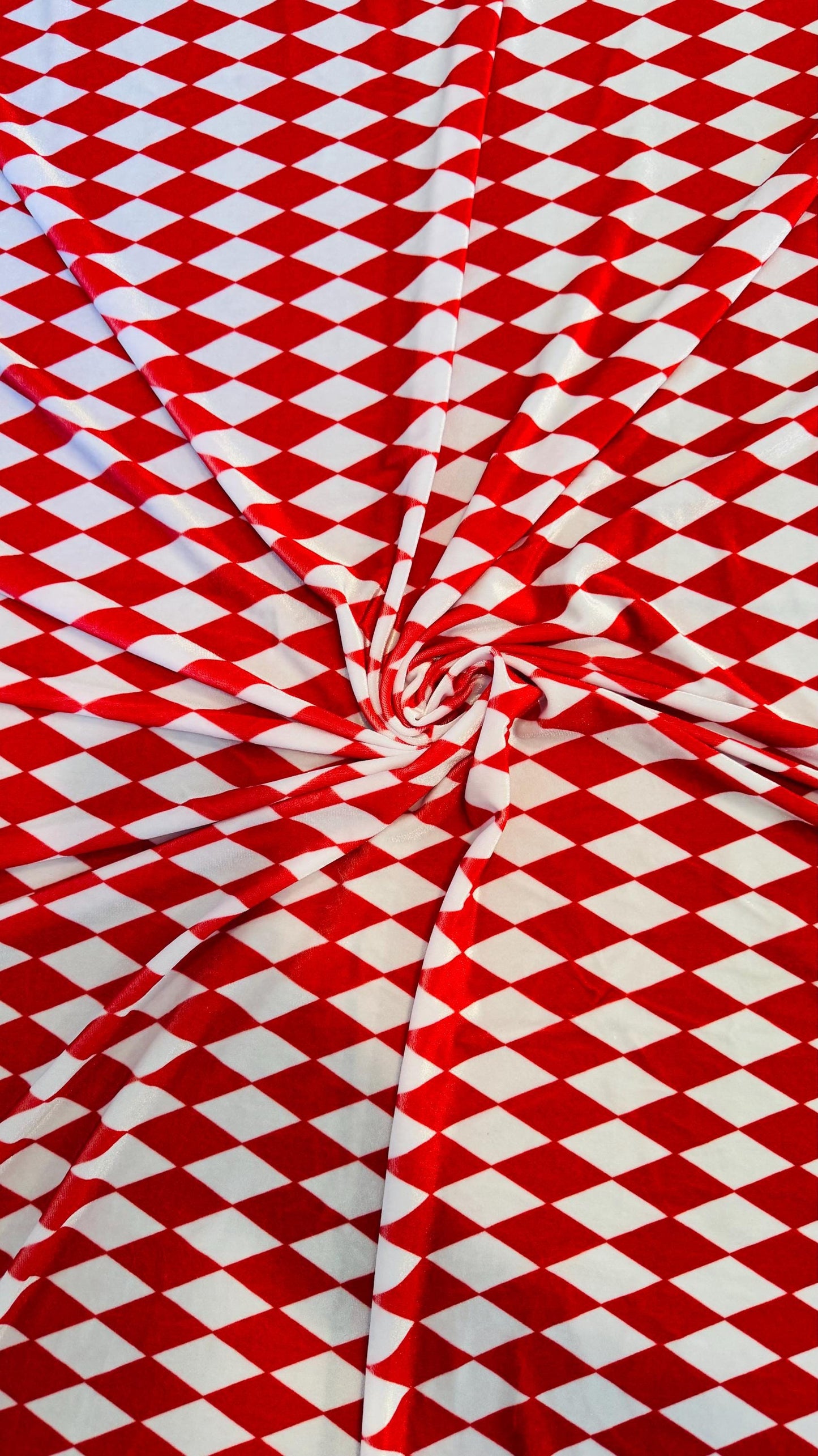 Diamond Harlequin design Red/White print on great quality of stretch velvet 4-way stretch 58/60”