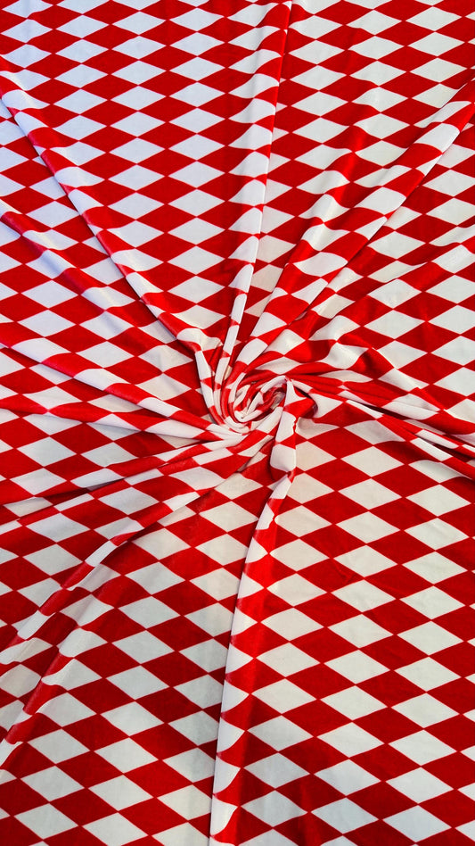 Diamond Harlequin design Red/White print on great quality of stretch velvet 4-way stretch 58/60”