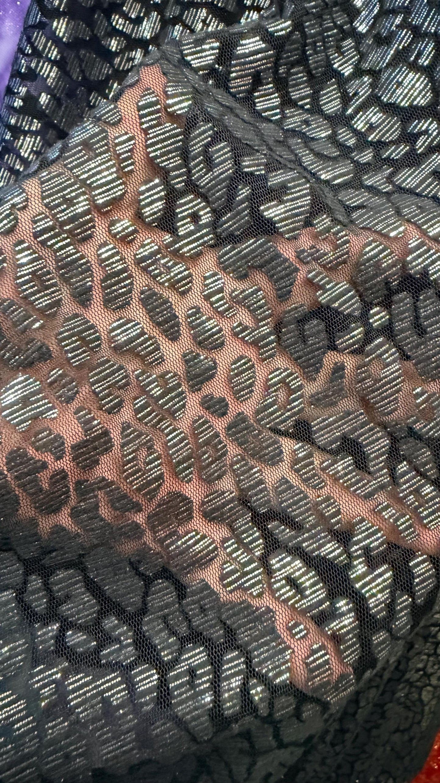 Leopard Exotic design Black/Silver on Metallic Burnout mesh  2-way stretch 58/60” Sold by the YD Ships Worldwide from Los Angeles California
