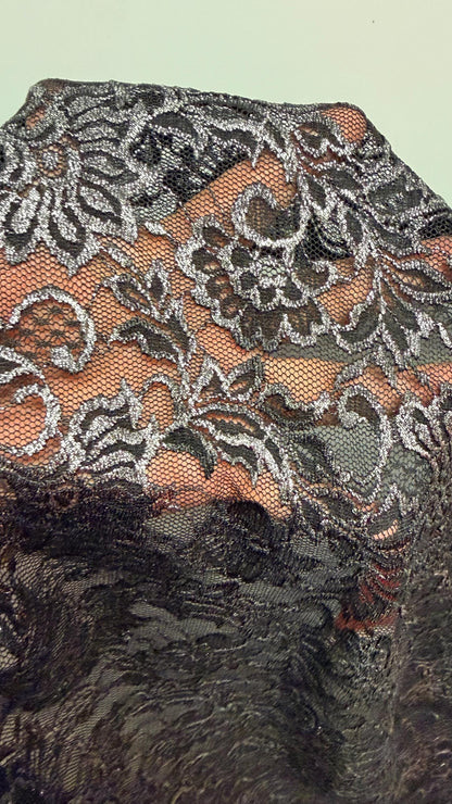 Metallic French stretch lace flower design Black/Silver 4-way stretch 54/55" sold by the YD. Ships worldwide from Los Angeles California USA