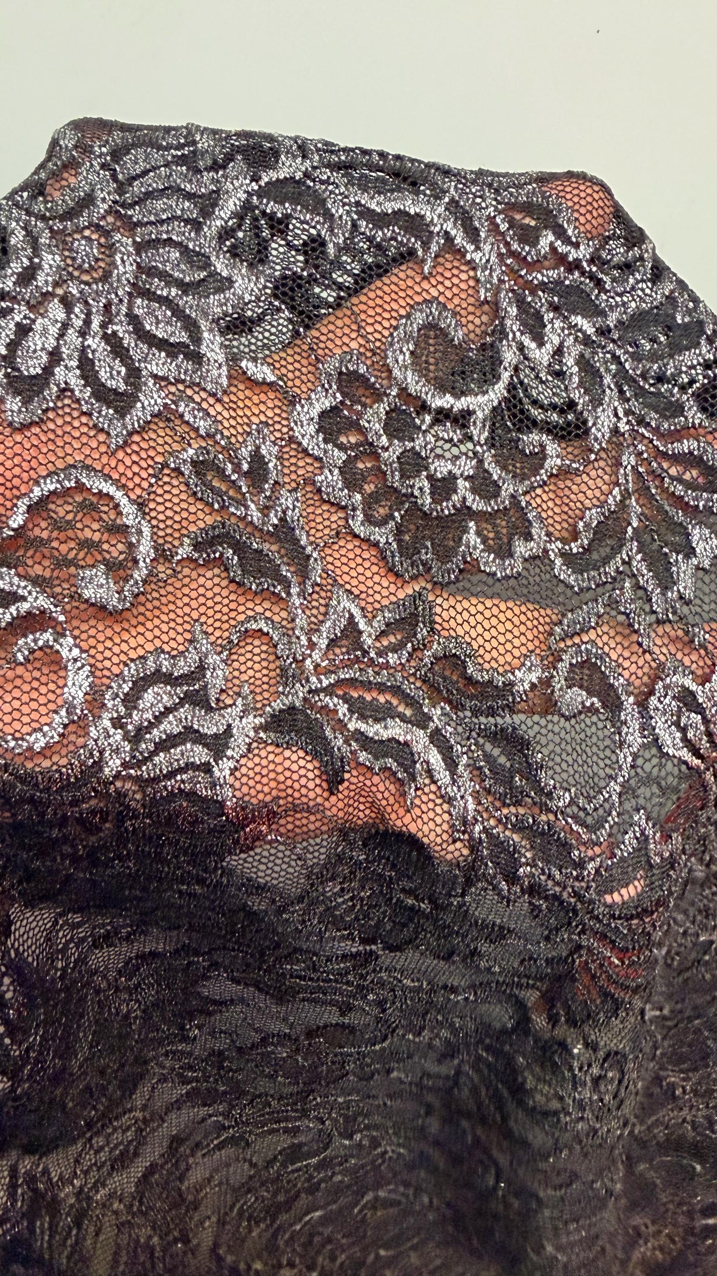 Metallic French stretch lace flower design Black/Silver 4-way stretch 54/55" sold by the YD. Ships worldwide from Los Angeles California USA