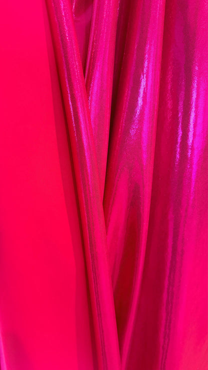 Foggy foil Red/Fuchsia and Hot pink/Fuchsia metallic nylon spandex 4way 58/60" Sold by the YD. Ships worldwide from Los Angeles California