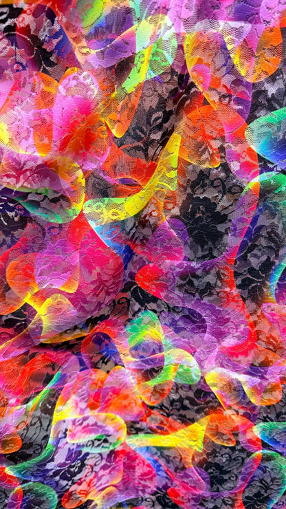 Aurora abstract design print on spandex lace 4way stretch 58/60" sold by the yd. Ships worldwide from Los Angeles California USA.