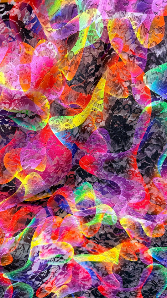 Aurora abstract design print on spandex lace 4way stretch 58/60" sold by the yd. Ships worldwide from Los Angeles California USA.