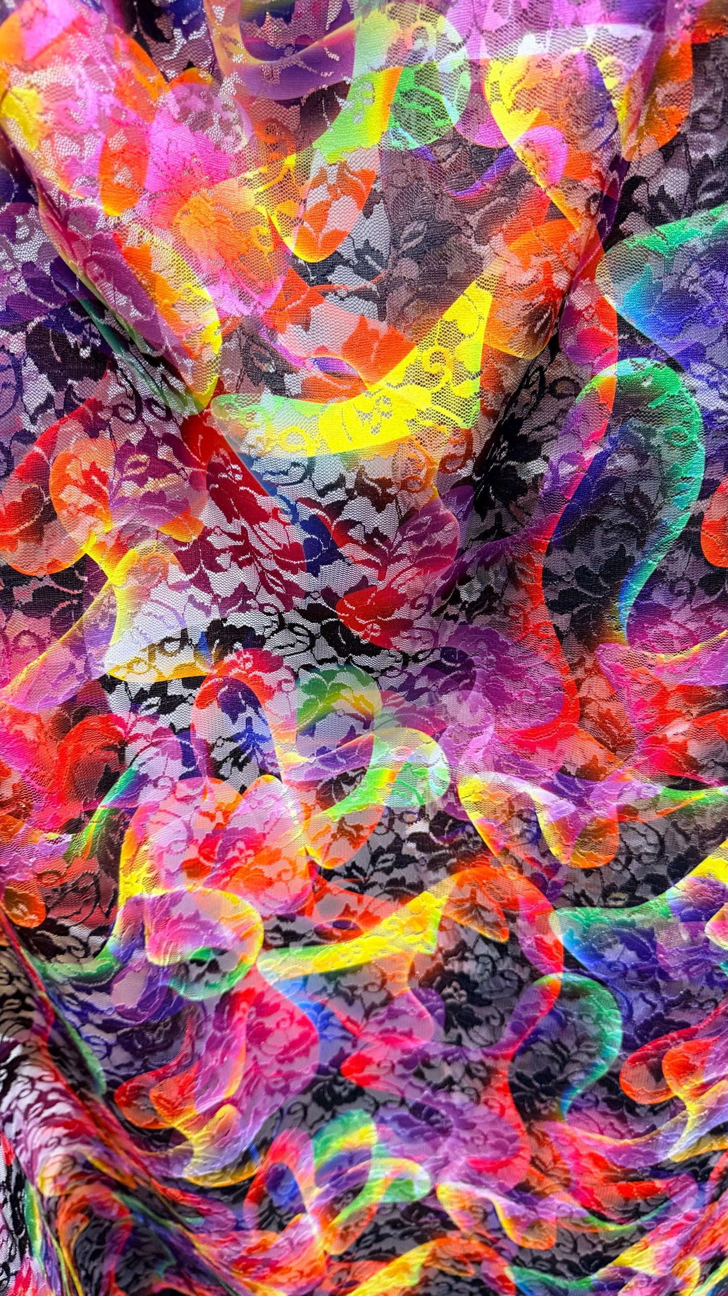 Aurora abstract design print on spandex lace 4way stretch 58/60" sold by the yd. Ships worldwide from Los Angeles California USA.