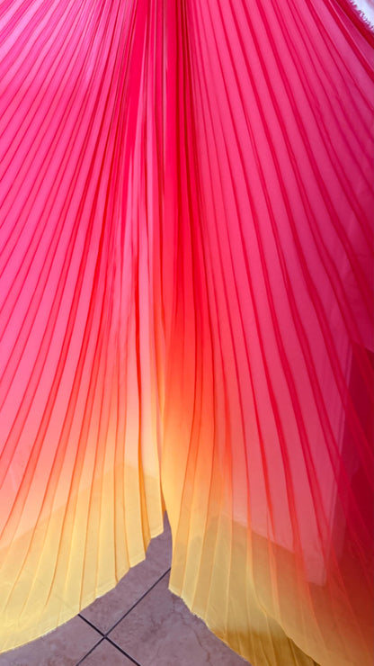 New Ombre Sunburst design Red Orange/Yellow silky chiffon 108”X60” Sold by the Piece. Ships Worldwide from Los Angeles California USA
