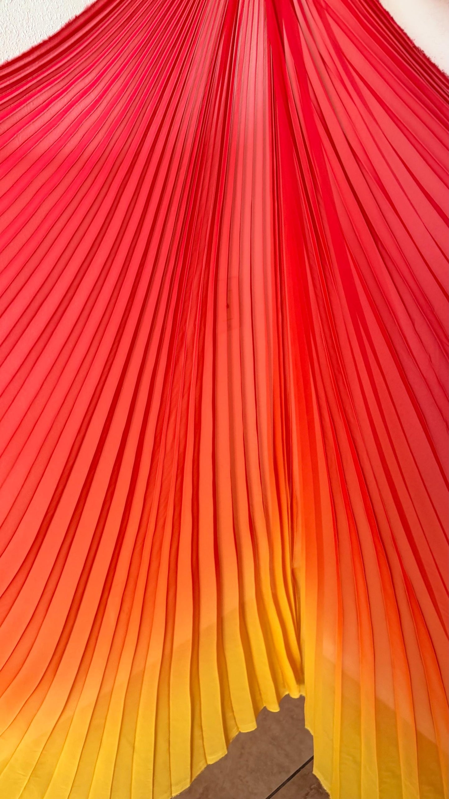 New Ombre Sunburst design Red Orange/Yellow silky chiffon 108”X60” Sold by the Piece. Ships Worldwide from Los Angeles California USA
