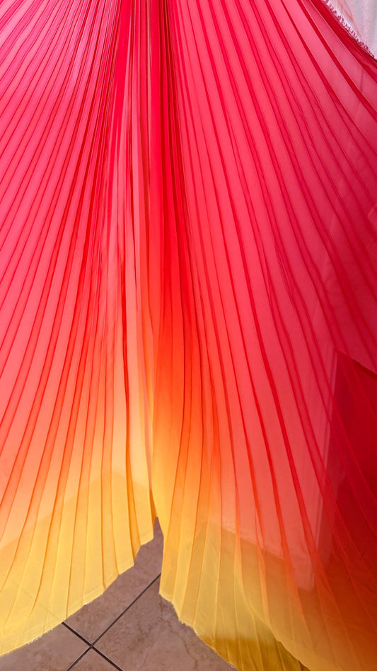 New Ombre Sunburst design Red Orange/Yellow silky chiffon 108”X60” Sold by the Piece. Ships Worldwide from Los Angeles California USA