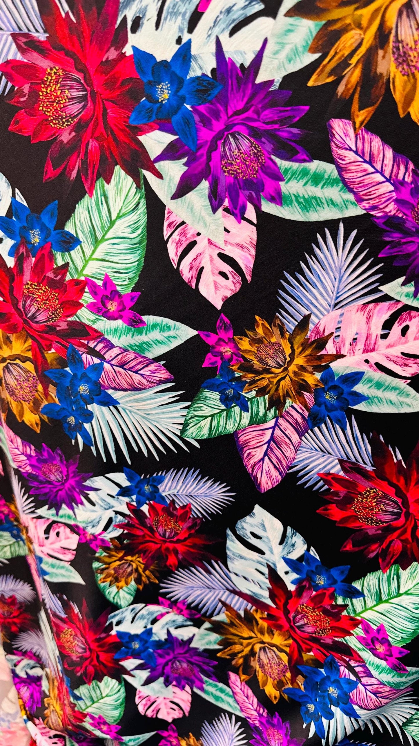 New print nylon spandex flower design Black multicolor 4way stretch 58/60" Sold by the YD. Ships worldwide from Los Angeles California USA.