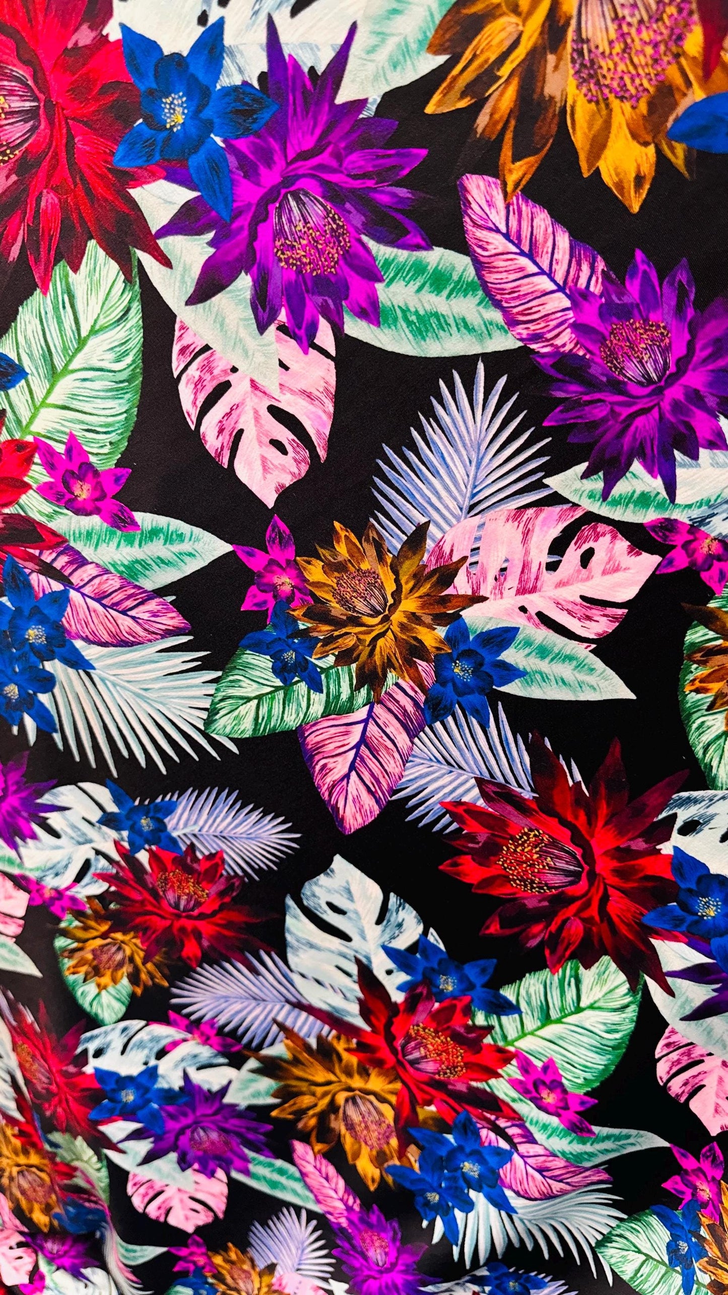 New print nylon spandex flower design Black multicolor 4way stretch 58/60" Sold by the YD. Ships worldwide from Los Angeles California USA.
