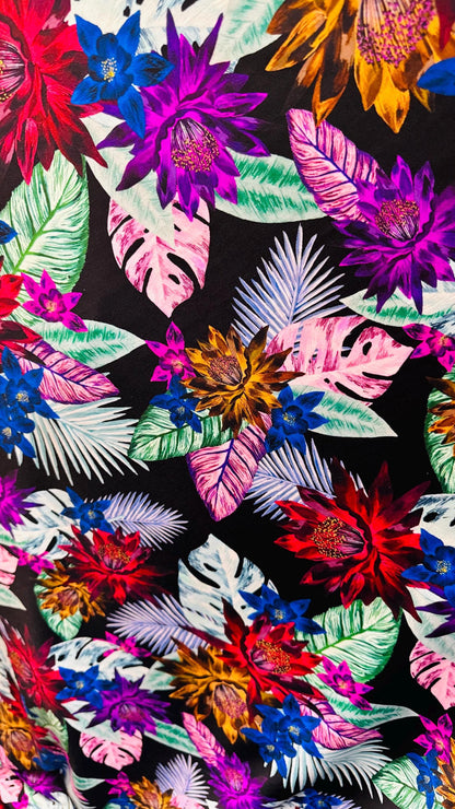 New print nylon spandex flower design Black multicolor 4way stretch 58/60" Sold by the YD. Ships worldwide from Los Angeles California USA.
