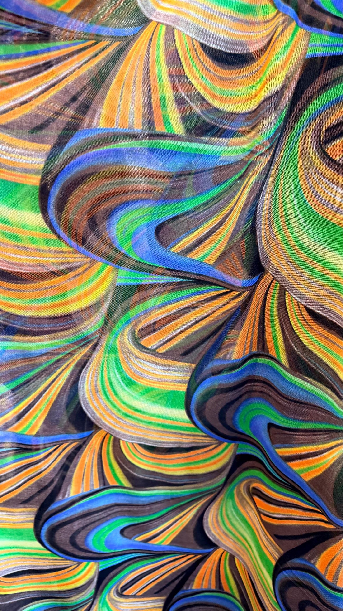 New modern abstract design  Multicolor print on great quality of power mesh nylon spandex  4-way stretch 58/60” Sold by the YD.