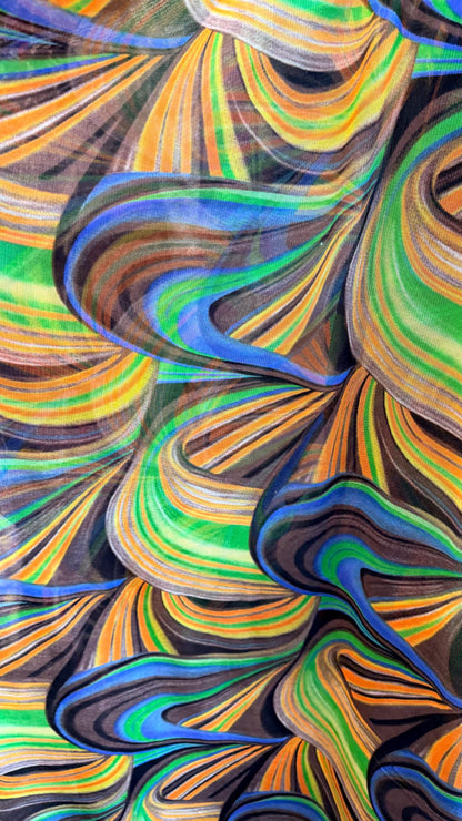 New modern abstract design  Multicolor print on great quality of power mesh nylon spandex  4-way stretch 58/60” Sold by the YD.