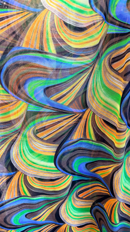 New modern abstract design  Multicolor print on great quality of power mesh nylon spandex  4-way stretch 58/60” Sold by the YD.