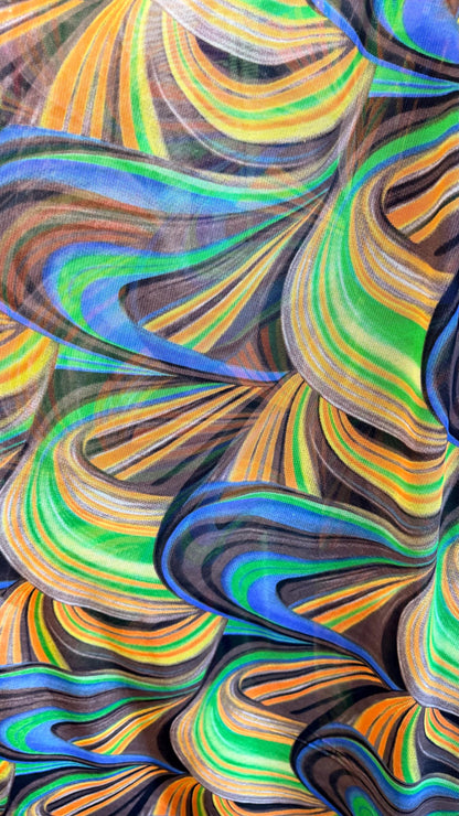 New modern abstract design  Multicolor print on great quality of power mesh nylon spandex  4-way stretch 58/60” Sold by the YD.