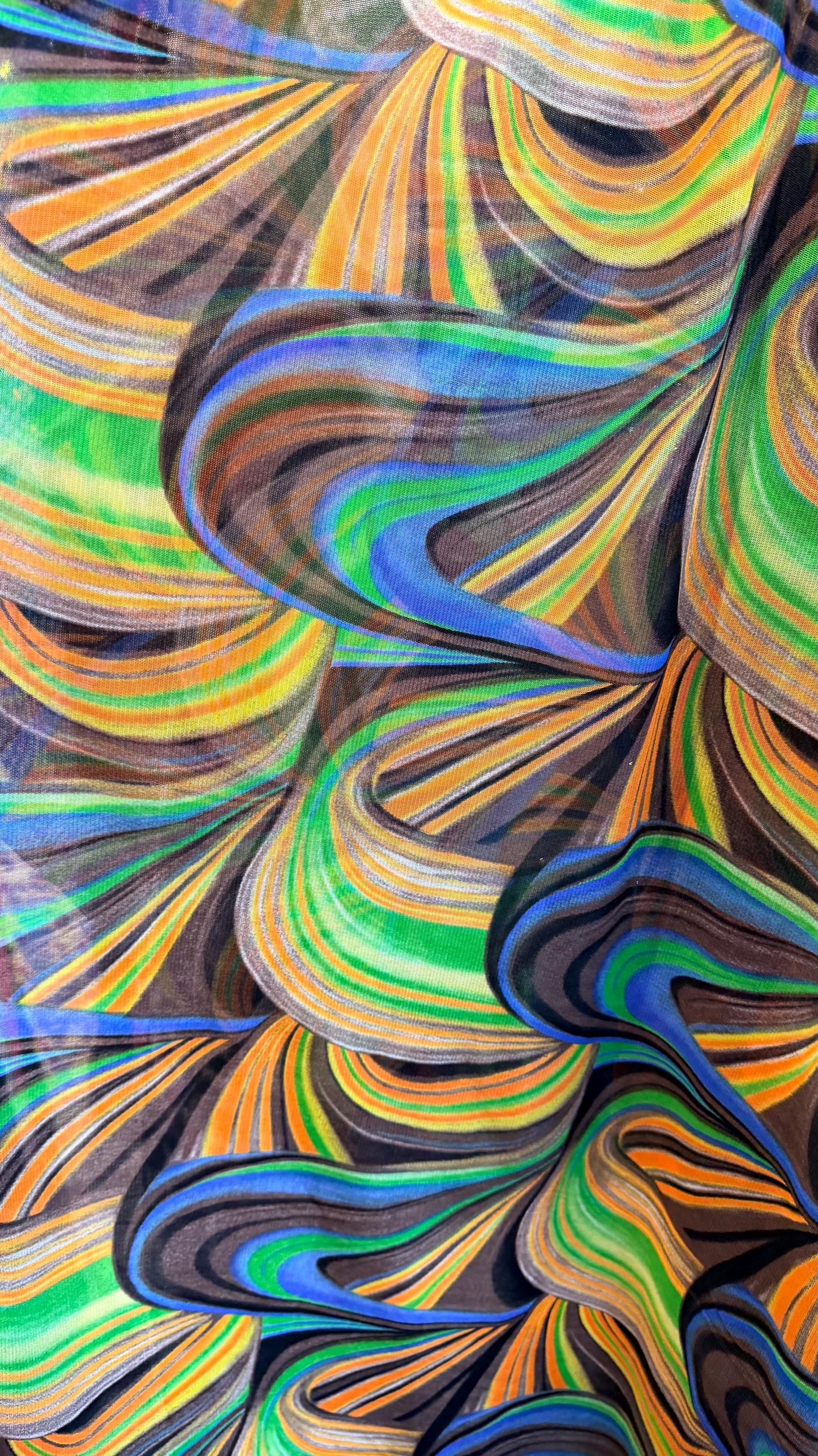 New modern abstract design  Multicolor print on great quality of power mesh nylon spandex  4-way stretch 58/60” Sold by the YD.