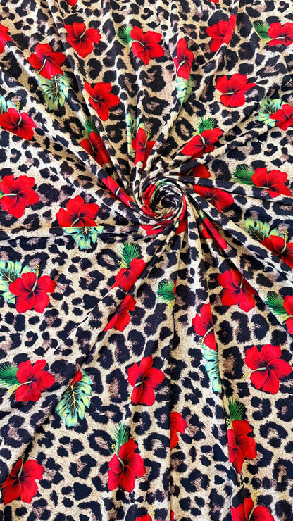 New Hiding Leopard design with red flowers Nylon Spandex 4-way stretch 58/60” High quality fabrics by AlexLAFabrics