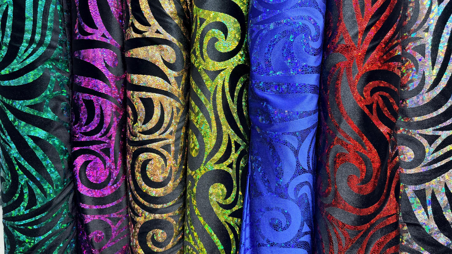 Rolex design swirl hologram metallic foil on great quality of stretch velvet 4-way stretch 58/60” High quality fabrics by AlexLAFabrics