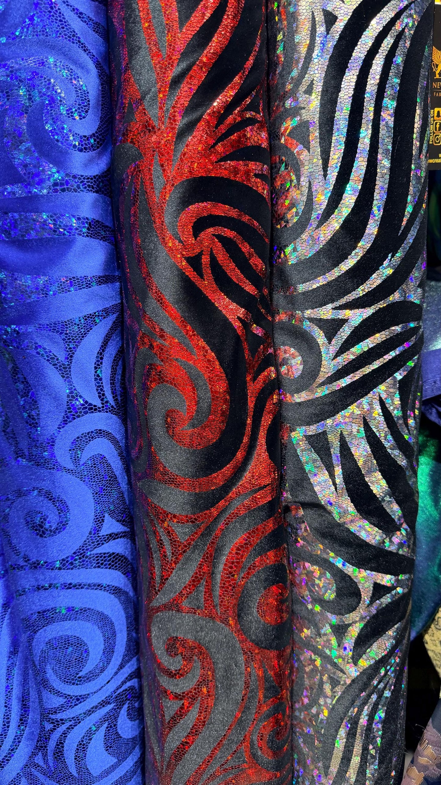 Rolex design swirl hologram metallic foil on great quality of stretch velvet 4-way stretch 58/60” High quality fabrics by AlexLAFabrics