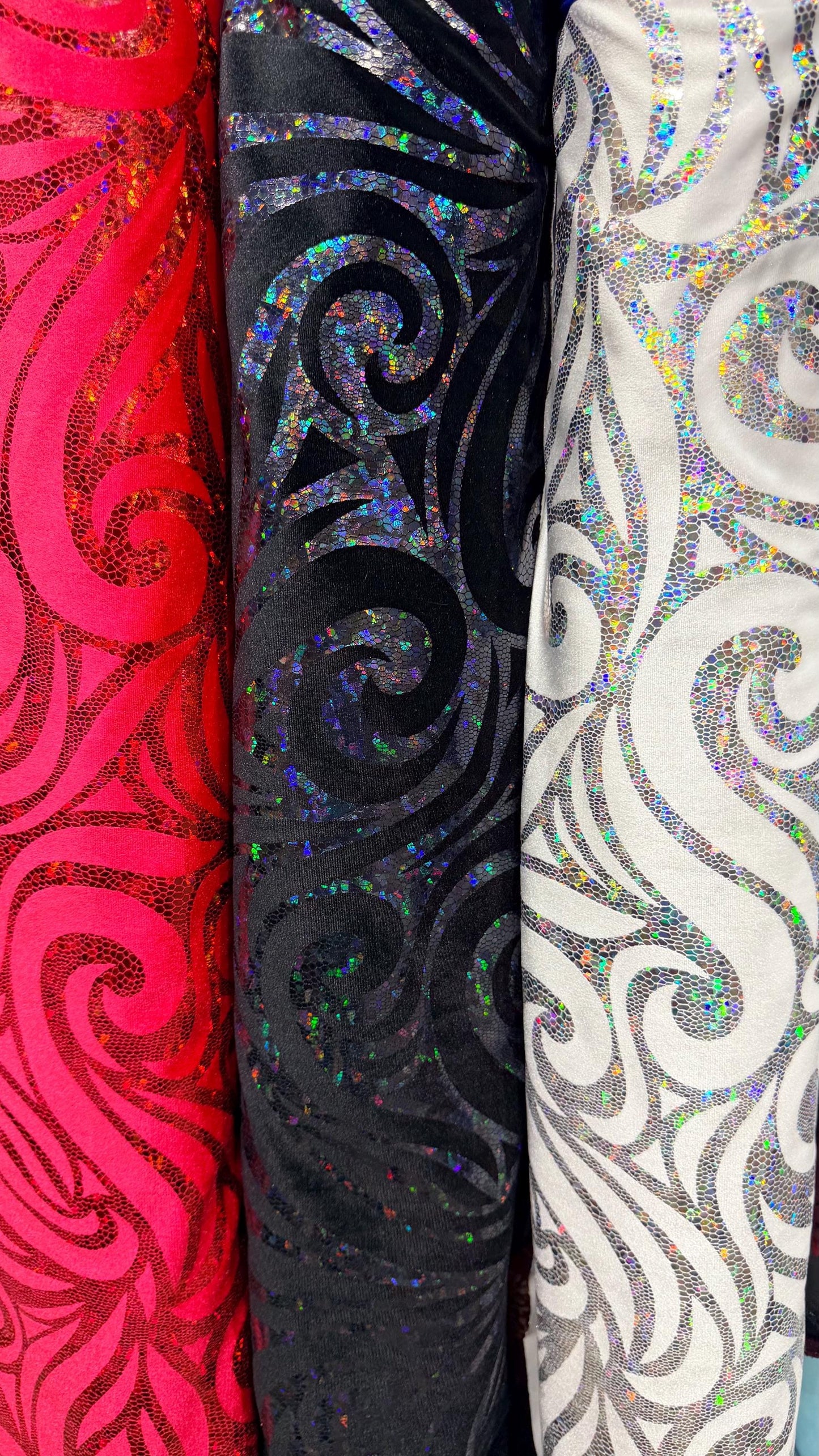 Rolex design swirl hologram metallic foil on great quality of stretch velvet 4-way stretch 58/60” High quality fabrics by AlexLAFabrics