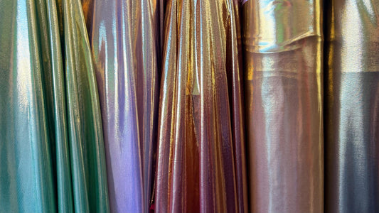 New Super Shiny metallic poly spandex with foil 2-way stretch light weight 58/60” Sold by the YD. Ships worldwide from Los Angeles Californi