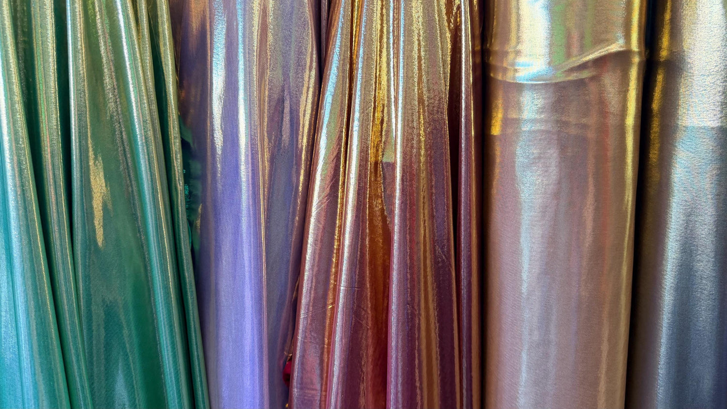 New Super Shiny metallic poly spandex with foil 2-way stretch light weight 58/60” Sold by the YD. Ships worldwide from Los Angeles Californi