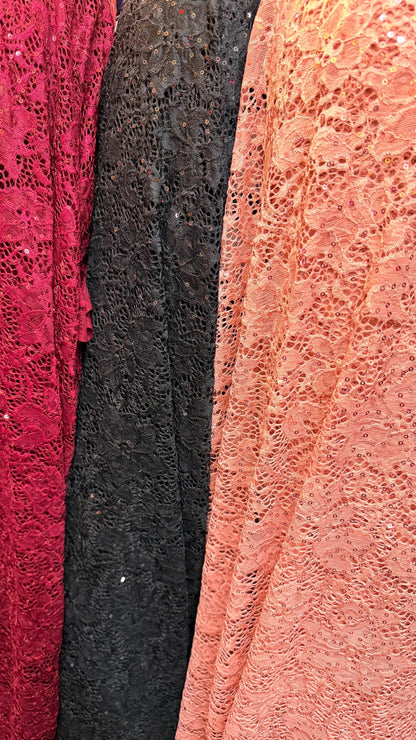 VICTORIA stretch lace with cosmic sequins 4way stretch 58/60" Sold by the YD. Ships worldwide from Los Angeles California USA.
