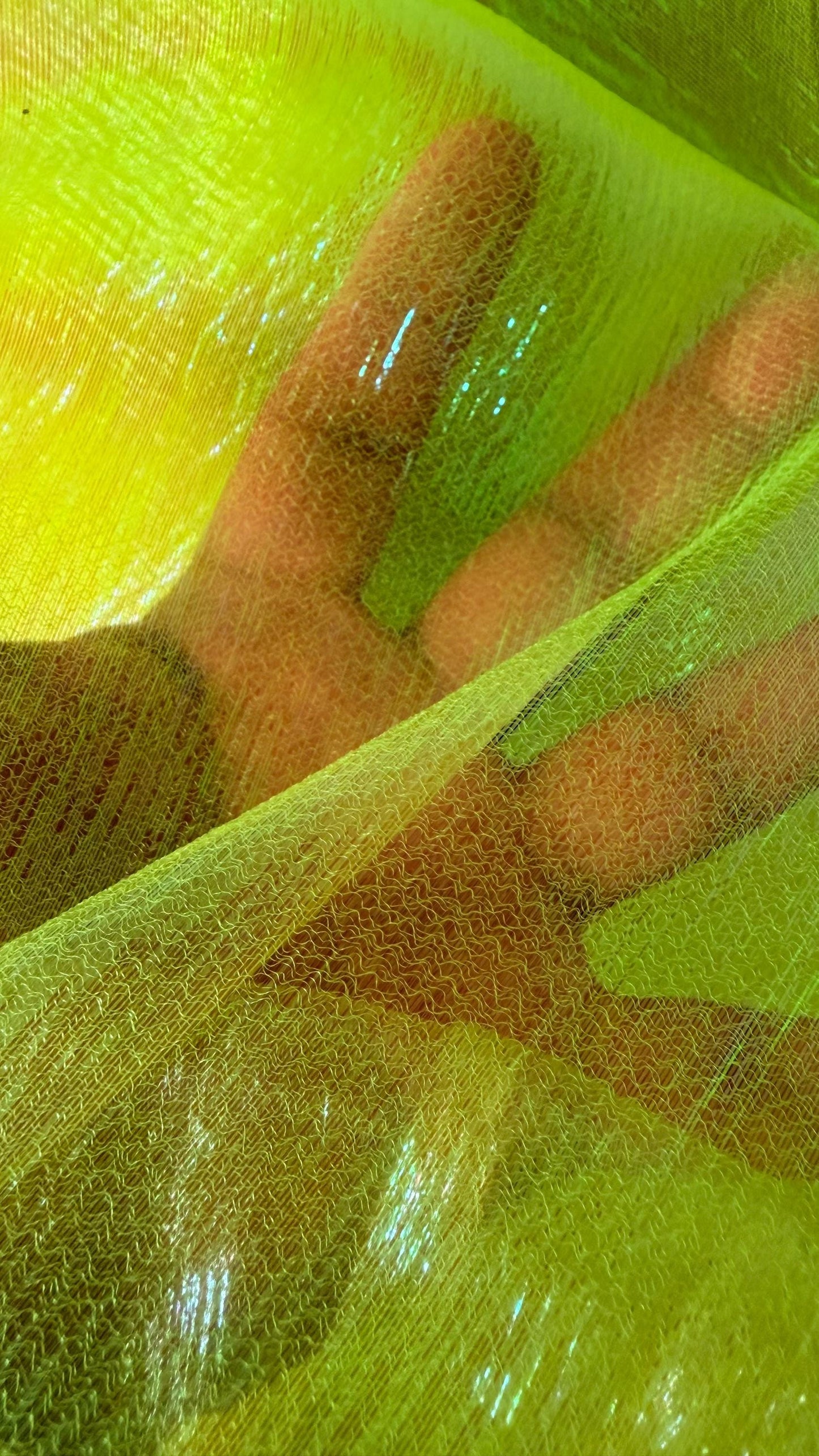 New Iridescent crinkle organza Neon Yellow  non stretch 55/57” Sold by the YD. Ships worldwide from Los Angeles California USA