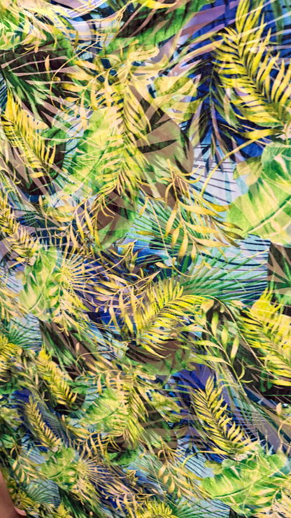 New burnout Tropical Jlo design Green multicolor 4way Stretch 58/60" Sold by the YD. Ships worldwide from Los Angeles California USA.