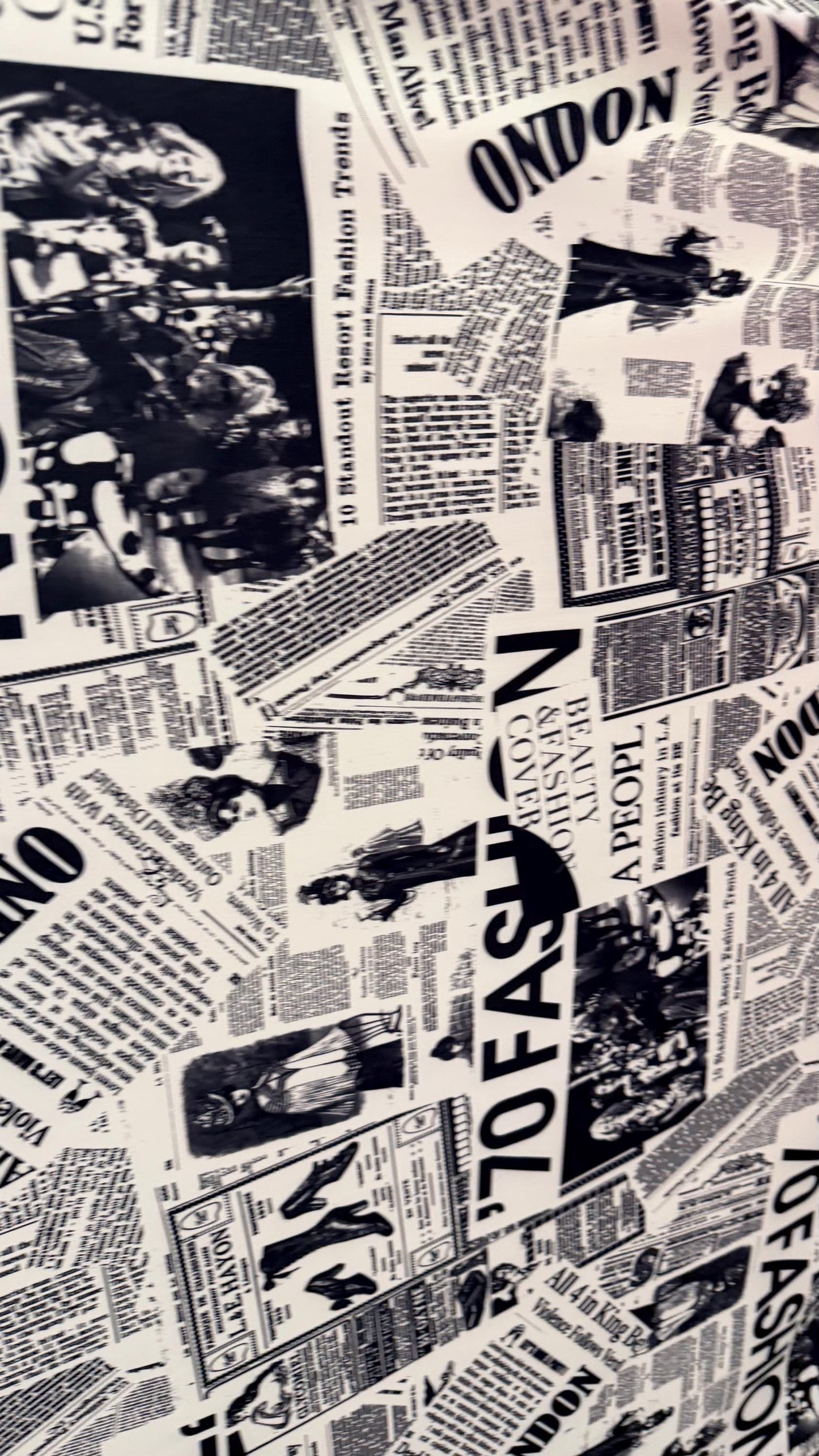 New Newspaper Fashion Design print on poly spandex 4-way stretch 58/60” Sold by the YD. Ships worldwide from Los Angeles California USA