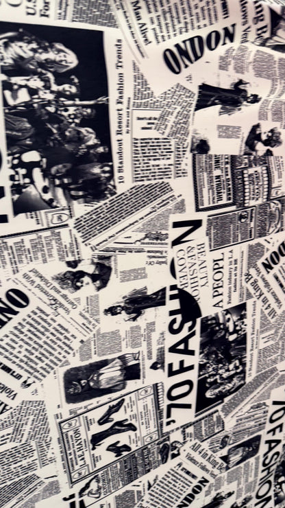 New Newspaper Fashion Design print on poly spandex 4-way stretch 58/60” Sold by the YD. Ships worldwide from Los Angeles California USA