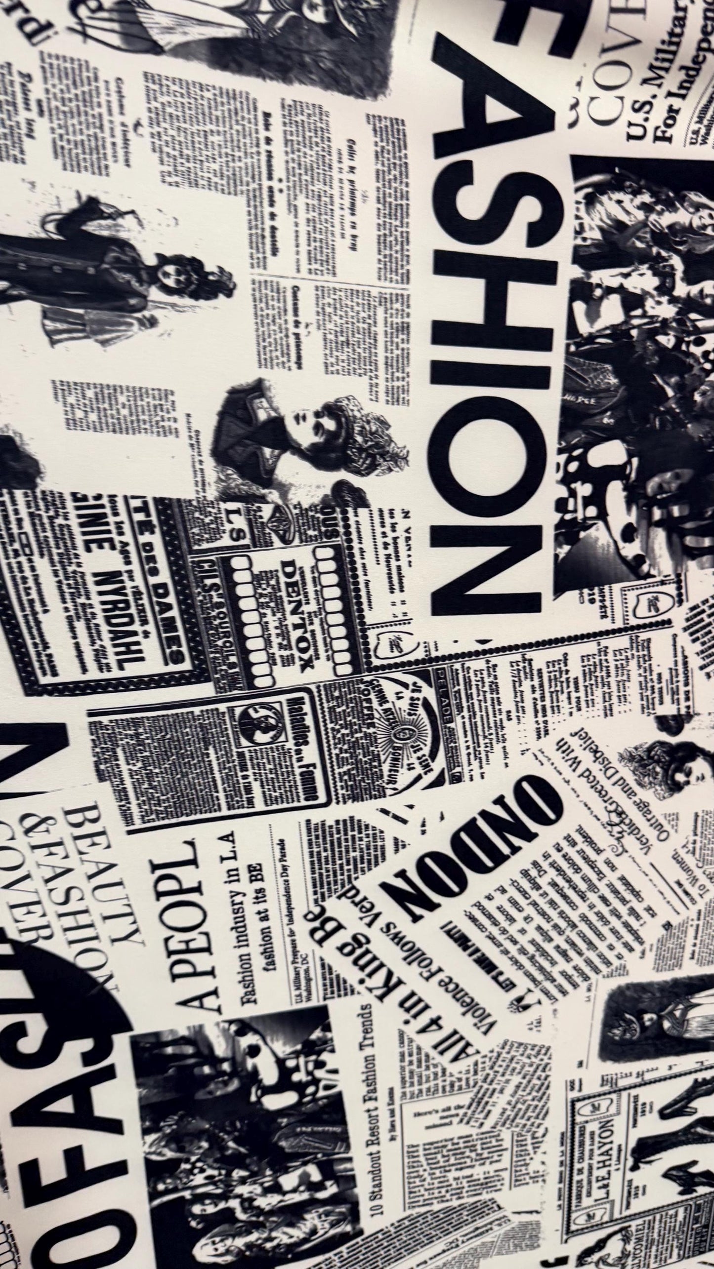 New Newspaper Fashion Design print on poly spandex 4-way stretch 58/60” Sold by the YD. Ships worldwide from Los Angeles California USA