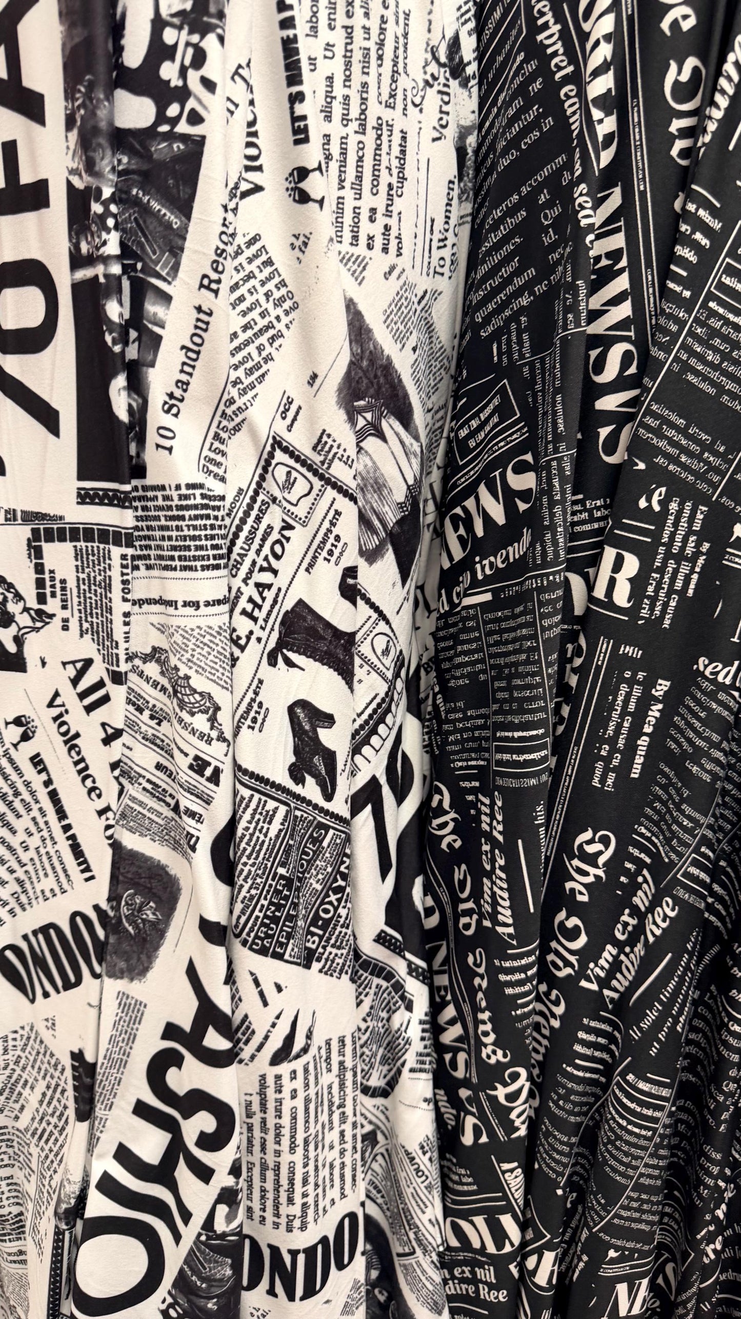 New Fashion Newspaper design print on great quality of poly spandex 4-way stretch medium weight 58/60” Sold by the YD.