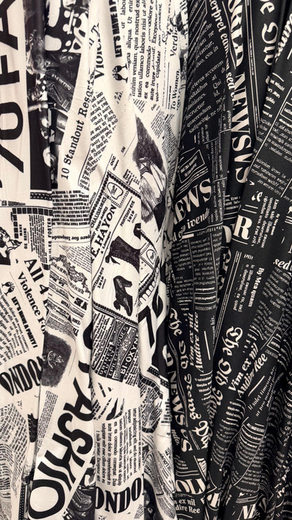New Fashion Newspaper design print on great quality of poly spandex 4-way stretch medium weight 58/60” Sold by the YD.