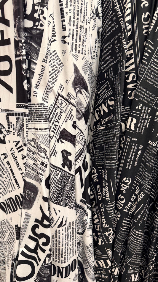 New Fashion Newspaper design print on great quality of poly spandex 4-way stretch medium weight 58/60” Sold by the YD.
