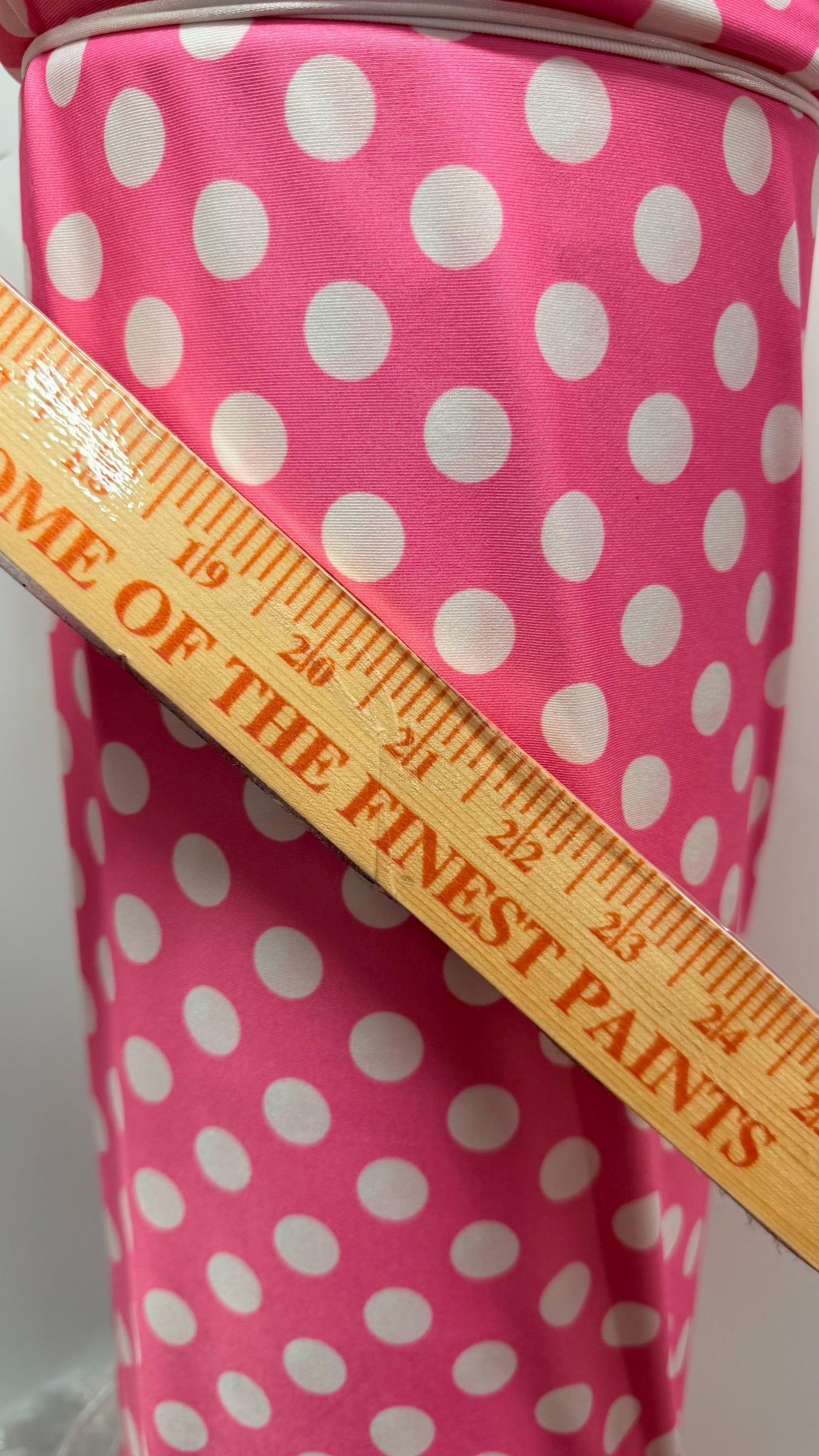 Polka dots design Bubblegum/White print on poly spandex 4-way stretch 58/60” Sold by the YD. Ships Worldwide from Los Ángeles California USA